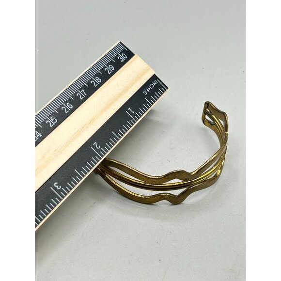 Brutalist Brass Wave Cuff Bracelet Irregular Hollow Handcrafted 70s Jewelry - Picture 9 of 9